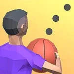 Muž v purpurovom tričku drží basketbalovú loptu, v pozadí sú tri čierne bodky na žltom pozadí