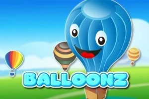Usmievajúci sa modrý nafukovací balón s očami na oblohe s nápisom Balloonz a ďalšími farebnými balónmi v pozadí