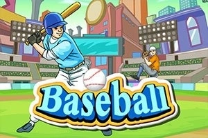Hráč v modrej uniforme s prilbou drží bejzbalovú pálku na ihrisku, pred nápisom Baseball