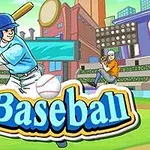 Hráč v modrej uniforme s prilbou drží bejzbalovú pálku na ihrisku, pred nápisom Baseball