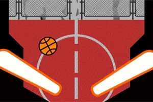 Basketbalová lopta na červenom ihrisku s dvoma bielymi pákami po stranách