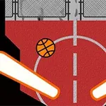 Basketbalová lopta na červenom ihrisku s dvoma bielymi pákami po stranách