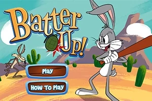 Zajačik s baseballovou pálkou v púštnom prostredí s kaktusmi a nápismi Play a How to Play