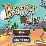 Zajačik s baseballovou pálkou v púštnom prostredí s kaktusmi a nápismi Play a How to Play