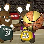 Dva kreslené zajace v športových dresoch držia basketbalové lopty na ihrisku