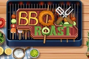 Grilovacia mriežka s nápisom BBQ Roast zobrazeným pomocou rôznorodých potravín na špajdlách
