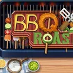 Grilovacia mriežka s nápisom BBQ Roast zobrazeným pomocou rôznorodých potravín na špajdlách