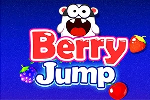 Farebné logo s nápisom Berry Jump, figúrkou v pozadí a obrázkami ovocia na modrom pozadí