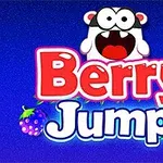 Farebné logo s nápisom Berry Jump, figúrkou v pozadí a obrázkami ovocia na modrom pozadí