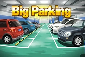 Animované autá zaparkované v parkovacej garáži s nápisom Big Parking na vrchu