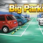 Animované autá zaparkované v parkovacej garáži s nápisom Big Parking na vrchu