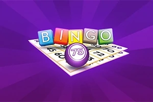 Farebné písmená tvoriace slovo BINGO nad kartou s číslami a fialová loptička s číslom 75 na fialovom pozadí