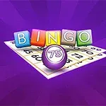 Farebné písmená tvoriace slovo BINGO nad kartou s číslami a fialová loptička s číslom 75 na fialovom pozadí