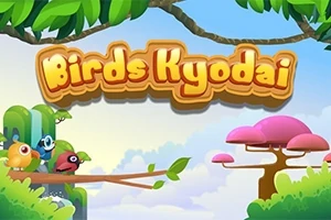 Farební kreslení vtáci na vetve s názvom Birds Kyodai v popredí, obklopení farebnými stromami a oblohou