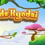 Farební kreslení vtáci na vetve s názvom Birds Kyodai v popredí, obklopení farebnými stromami a oblohou