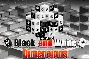 Čiernobiele bloky s čínskymi znakmi a symbolmi tvoriace trojrozmernú kocku na geometrickom pozadí s názvom „Black and White Dimensions“