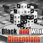 Čiernobiele bloky s čínskymi znakmi a symbolmi tvoriace trojrozmernú kocku na geometrickom pozadí s názvom „Black and White Dimensions“