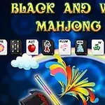 Pestrofarebné grafické prvky, vrátane klobúka, oblaku a mahjong kameňov na modrom pozadí s textom Black and White Mahjong 2