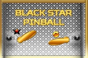 Zlaté nápisy BLACK STAR PINBALL na šedivom geometrickom pozadí s dvoma oranžovými pádlami a guľou