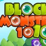 Farebný nápis Block Monsters 1010 s očami na pozadí farebných kopcov a oblohy