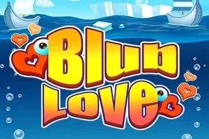 Farebný nápis Blu Love s veselými postavičkami v podobe srdiečok na modrom pozadí s bublinami a loďkami