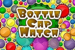 Farebné vrchnáky od fliaš rôznych veľkostí s nápisom Bottle Cap Match uprostred