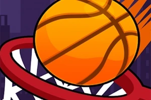 Oranžová basketbalová lopta precháza cez červený basketbalový kôš na tmavom pozadí