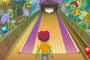 Karikatúra s postavičkou pri bowlingovej dráhe obklopená zelenými bytosťami držiacimi bowlingové gule