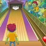 Karikatúra s postavičkou pri bowlingovej dráhe obklopená zelenými bytosťami držiacimi bowlingové gule