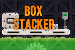 Oranžový nápis BOX STACKER nad plošinou s dvoma krabicami a zelenými ozubenými kolesami v popredí