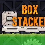 Oranžový nápis BOX STACKER nad plošinou s dvoma krabicami a zelenými ozubenými kolesami v popredí