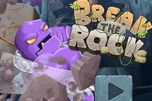 Fialový kamenný obor rozbíjajúci skaly s textom Break the Rock a hracím tlačidlom na pozadí