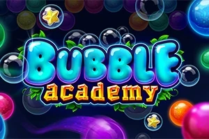 Farebný nápis Bubble Academy obklopený bublinami a hviezdičkami na tmavom pozadí
