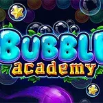 Farebný nápis Bubble Academy obklopený bublinami a hviezdičkami na tmavom pozadí
