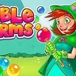 Farebná kreslená postava s červenými vlasmi a zeleným plášťom drží farebnú bublinu, obklopená farebnými bublinami a názvom Bubble Charms