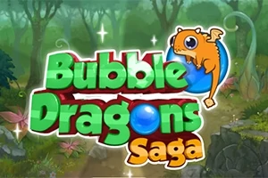 Nápis Bubble Dragons Saga s oranžovým dráčikom na modrej bubline v lese