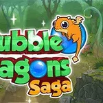 Nápis Bubble Dragons Saga s oranžovým dráčikom na modrej bubline v lese