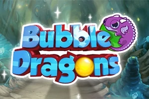 Farebný nápis s menom Bubble Dragons s fialovým drakom a žltou guľou na pozadí fantasy jaskyne
