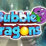 Farebný nápis s menom Bubble Dragons s fialovým drakom a žltou guľou na pozadí fantasy jaskyne