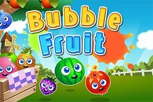 Farebné ovocie s očami na trávniku, vedľa drevenej debničky, s nápisom Bubble Fruit na modrej oblohe v pozadí