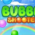 Farebná grafika s nápisom BUBBLE SHOOTER, obklopená rôznofarebnými bublinami na modrom pozadí s dúhou a oblakmi