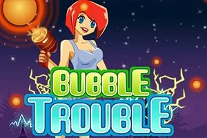 Žena s červenými vlasmi drží veľký kladivo pred tmavomodrým pozadím s názvom Bubble Trouble v popredí