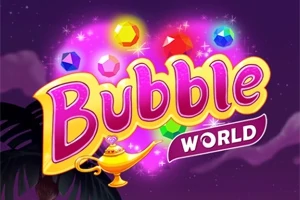 Názov Bubble World s farebnými drahokamami a lampou na tmavofialovom pozadí