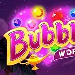 Názov Bubble World s farebnými drahokamami a lampou na tmavofialovom pozadí