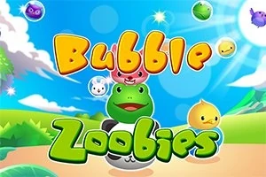 Farebné kreslené postavičky na modrej oblohe s nápisom Bubble Zoobies