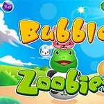 Farebné kreslené postavičky na modrej oblohe s nápisom Bubble Zoobies