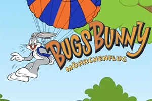 Kreslený zajac s padákom v modro-oranžových farbách pod modrou oblohou s názvom Bugs Bunny Möhrechenflug na pozadí