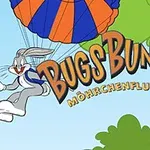 Kreslený zajac s padákom v modro-oranžových farbách pod modrou oblohou s názvom Bugs Bunny Möhrechenflug na pozadí