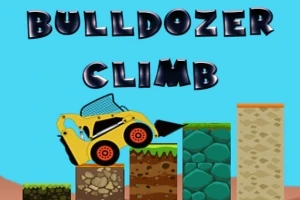 Žltý buldozér stúpa po rôznorodých kvádroch na modrom pozadí s textom BULLDOZER CLIMB