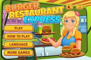 Ilustrácia s čašníčkou držiacou tácku s hamburgerom a nápojmi, obklopenou farebným menu s tlačidlami Play, How to Play, Language a More Games